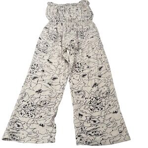 O'Neill Womens Strapless Floral Smocked Wide Leg Jumpsuit Cream Black Size L